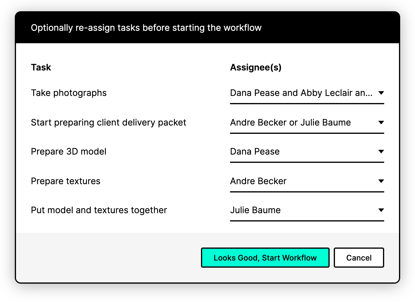 Re-assigning users prior to starting a workflow